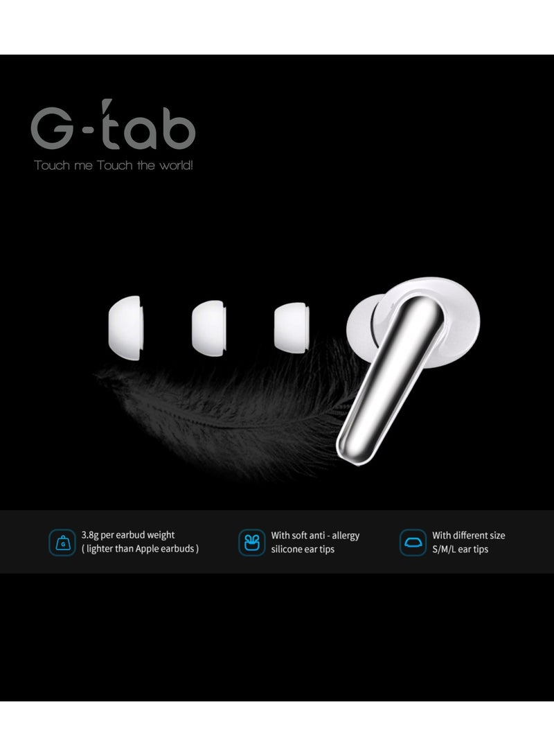 جي تاب سماعات G-Tab X14 لاسلكية TWS بتقنية بلوتوث 5.4 مع ANC وENC، سماعات ستيريو لاسلكية، تحكم باللمس، درايفر 10 مم، ميكروفون مكالمات واضح، شحن Type-C، أبيض / فضي - Image 2